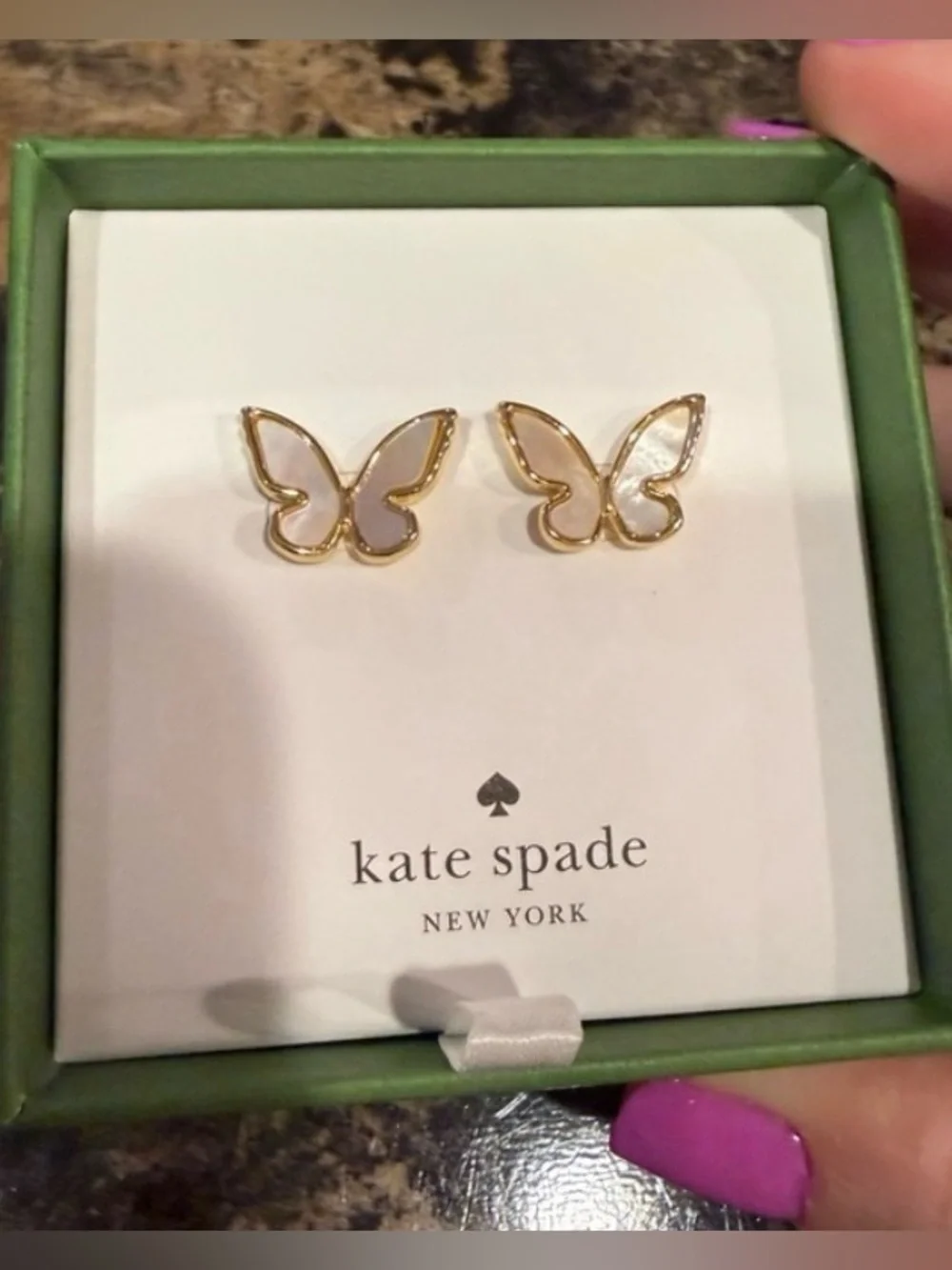 Kate Spade All A Flutter Mother Of Pearl Gold Tone Butterfly Earrings - NWT - Picture 3 of 7